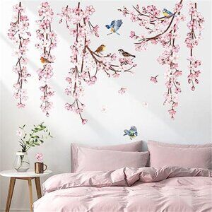 Cherry Blossom Wall Decals Flower Vine Stickers Birds Bedroom Living Room Decor